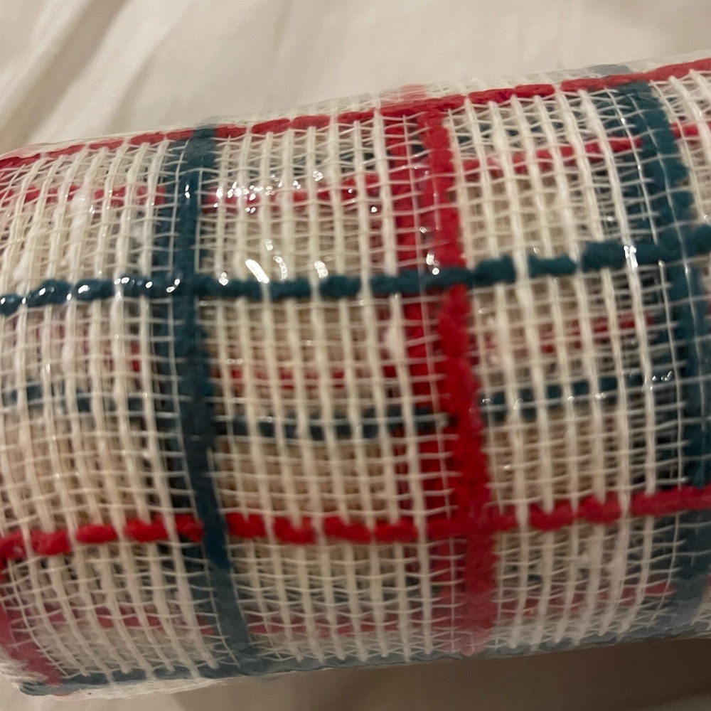 DECO MESH -Fabric Mesh 9.5” wide Red & Green on Ivory (plaid) x 19 feet gorgeous